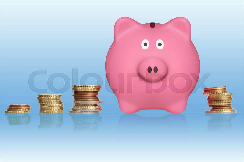Euro Coins and Piggy bank on a blue background, stock photo
