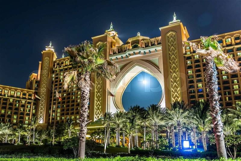 DUBAI, UAE - NOVEMBER 13: Atlantis hotel at night in Dubai, United Arab Emirates, on November 13, 2015, stock photo