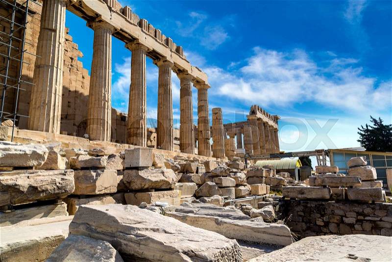 Parthenon temple on the Acropolis in a summer day in Athens, Greece, stock photo