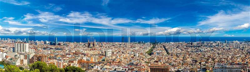 Panoramic view of Barcelona from Park Guell in a summer day in Spain, stock photo