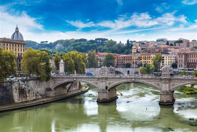 Panoramic view above Rome and Tiber in a summer day in Rome, Italy, stock photo