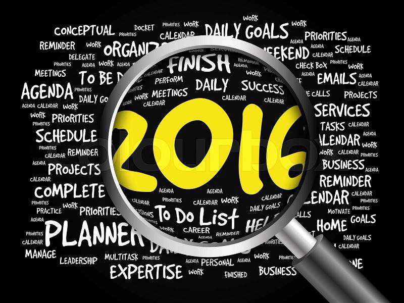 2016 TO DO LIST word cloud with magnifying glass, business concept, stock photo
