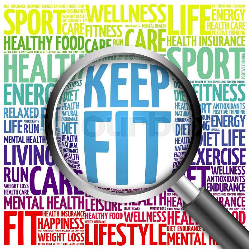 KEEP FIT word cloud with magnifying glass, health concept, stock photo