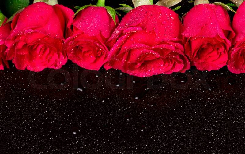 Bouquet of red roses with dew drops on a black background, stock photo