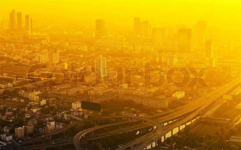 Aerial view to Bangkok downtown in the mist at sunrise, Thailand, stock photo