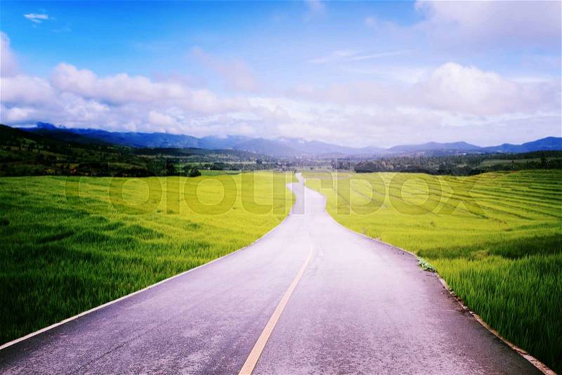 Asphalt road with rice field in countryside along to blue sky, stock photo