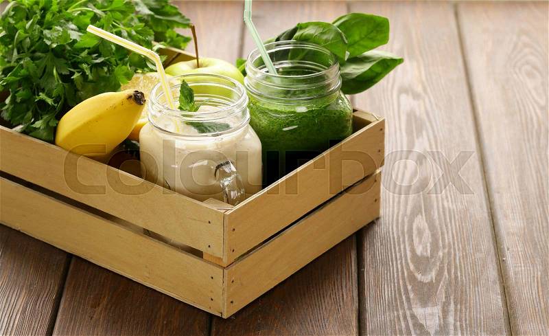 Beverage with spinach, celery, pumpkin seeds and banana smoothie, detox and healthy food, stock photo