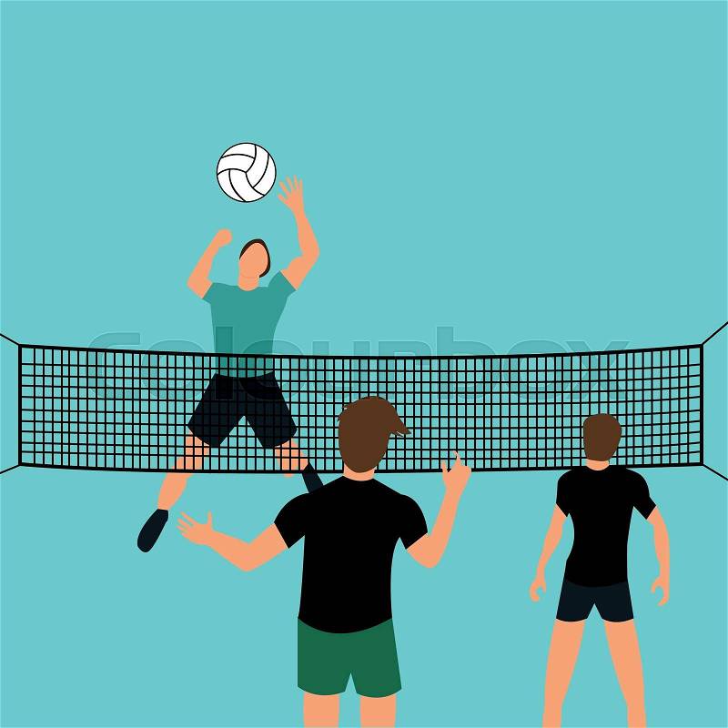 Man team play volley ball in court with net jumping smashing defense sport vector, vector