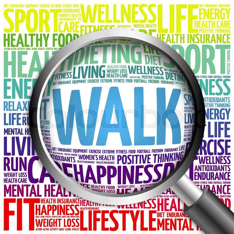 WALK word cloud with magnifying glass, health concept, stock photo