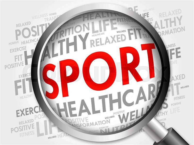SPORT word cloud with magnifying glass, health concept, stock photo