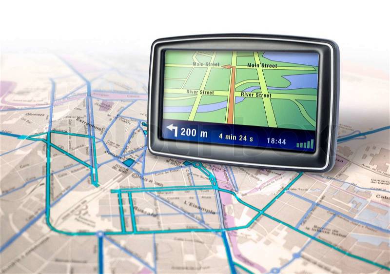 Gps auto navigator device on city map background, stock photo