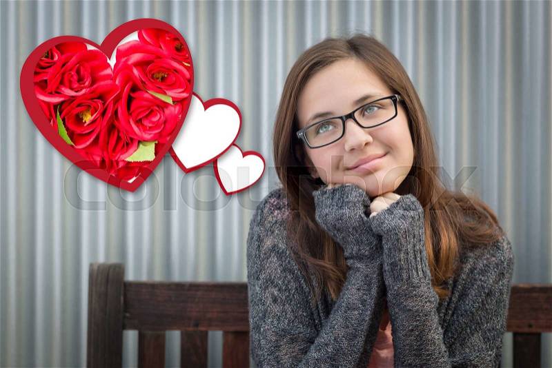 Cute Daydreaming Girl Next To Floating Hearts with Red Roses, stock photo