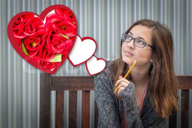 Cute Daydreaming Girl Next To Floating Hearts with Red Roses, stock photo