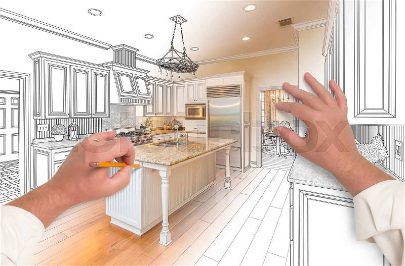 Male Hands Sketching with Pencil A Custom Kitchen with Photo Showing Through, stock photo
