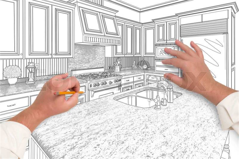 Male Hands Sketching with Pencil the Outline of a Beautiful Custom Kitchen, stock photo