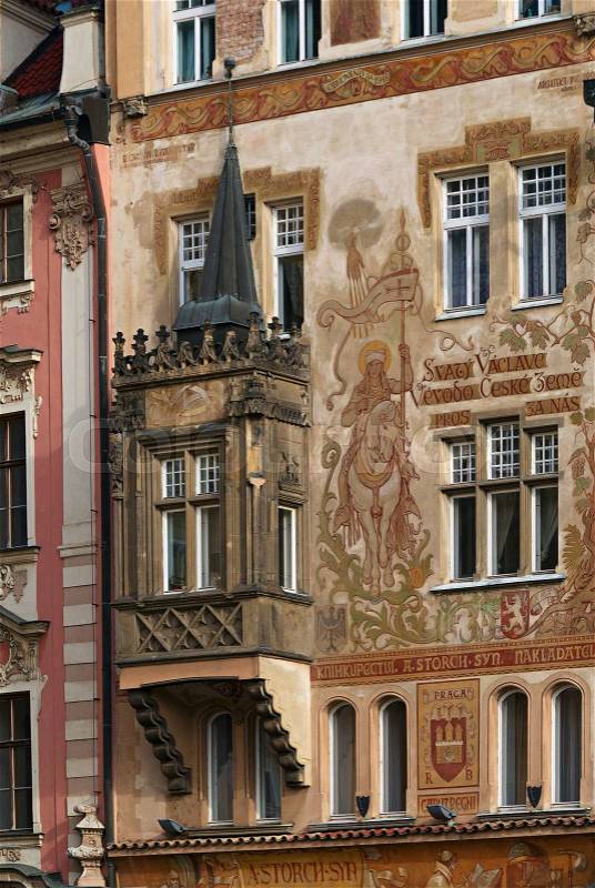 Exterior painting of historic houses in Prague in the Old Town Square, stock photo