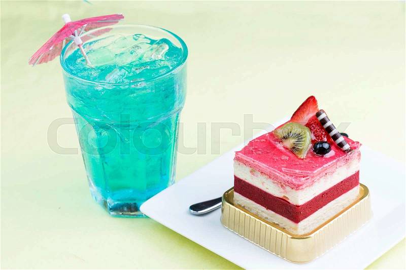 Strawberry Mousse Cake and Blue Italian Soda, stock photo