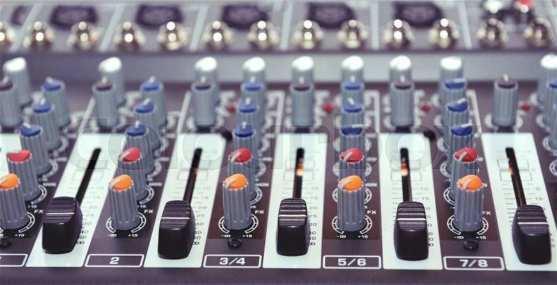 Buttons equipment in audio Mixing Console. Music equipment, stock photo