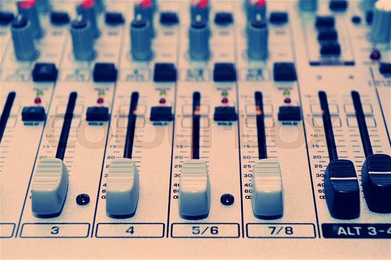 Buttons equipment in audio Mixing Console. Music equipment, stock photo