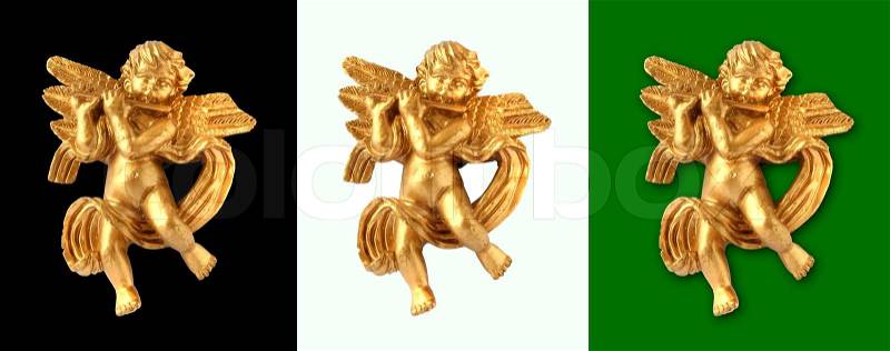 Flute playing golden angel figure isolated on three different color backgrounds, stock photo