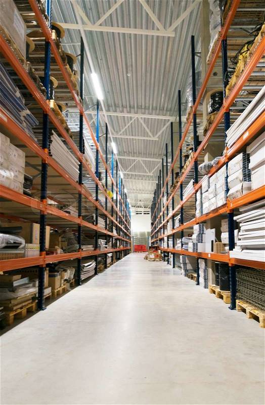 Warehouse storage racks with boxes and goods, stock photo