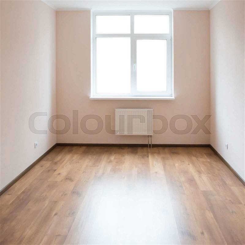 Light empty room with big white isolated window and wooden floor, stock photo