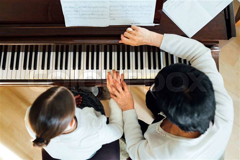 Piano lesson at a music school, top view, stock photo