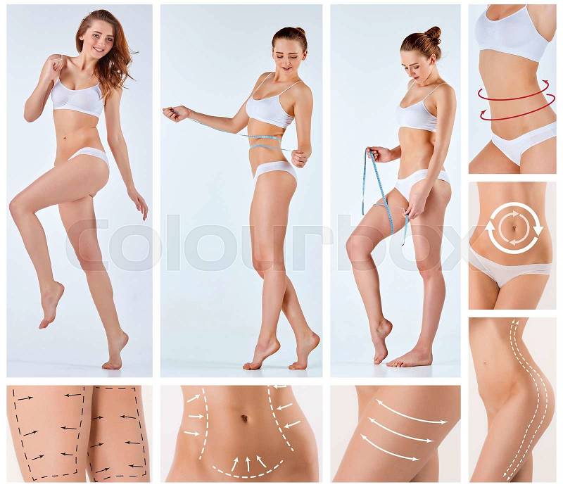 Collage of female body with the drawing arrows. Fat lose, liposuction and cellulite removal concept, stock photo