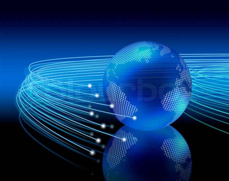 Optical fibers lights speeding on dark background around the digital earth globe, stock photo