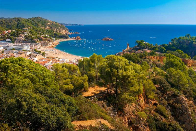 Aerial view of Tossa de Mar and Badia de Tossa bay on the Costa Brava, Catalunya, Spain, stock photo