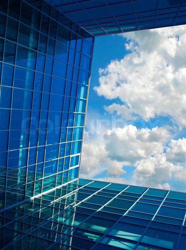 Modern building perspective structure opening window to bright future sky, stock photo