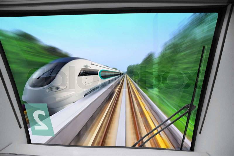 View of high-speed way for train from cabin of machinist, stock photo