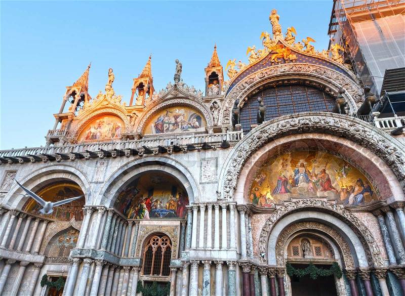 The Patriarchal Cathedral Basilica of Saint Mark. Venice, Italy. Building in 828, Architect Domenico I Contarini, stock photo