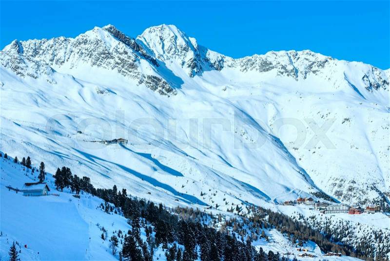 Scenery from the cabin ski lift at the snowy slopes (Tyrol, Austria), stock photo