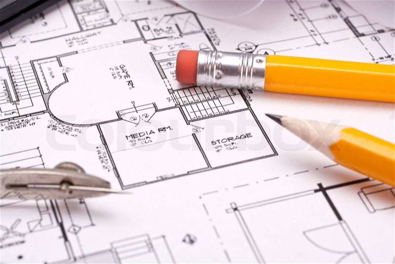 Engineering and architecture drawings with pencil, stock photo