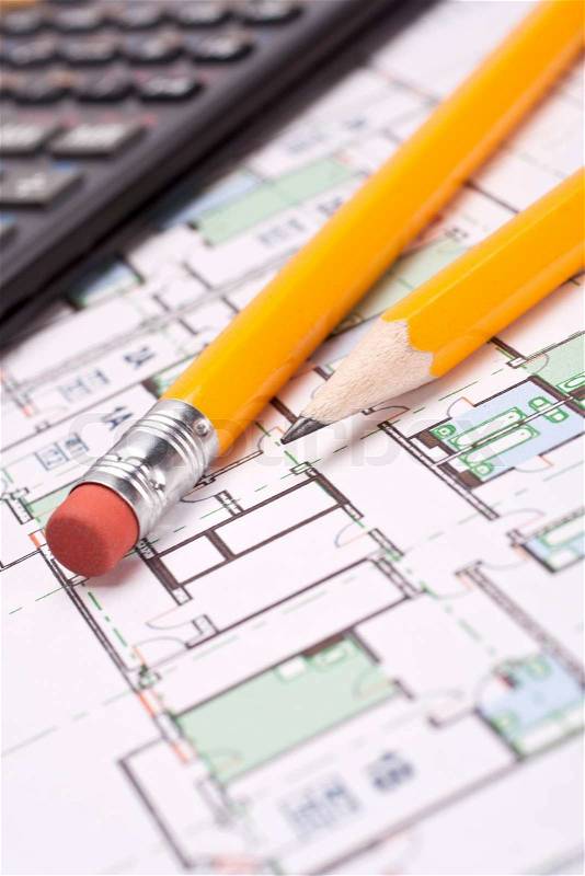 Engineering and architecture drawings with pencil, stock photo