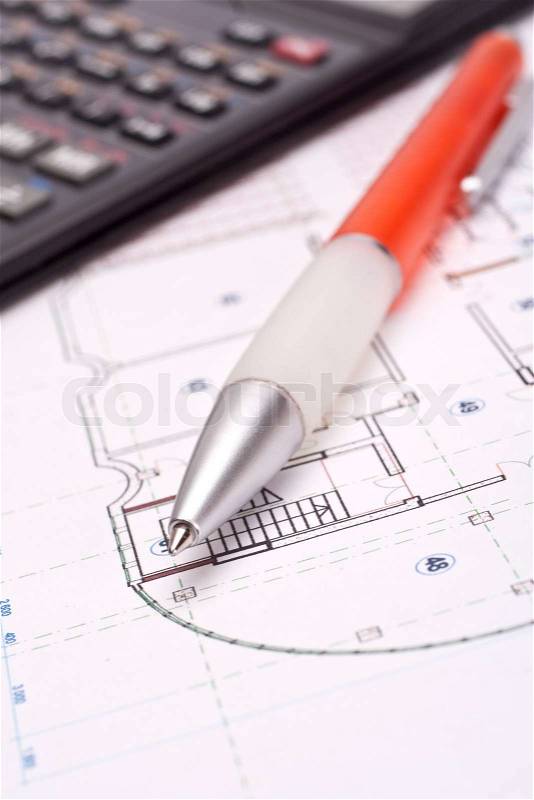 Engineering and architecture drawings with pen, stock photo