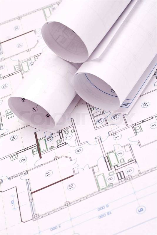 Engineering and architecture drawings, stock photo