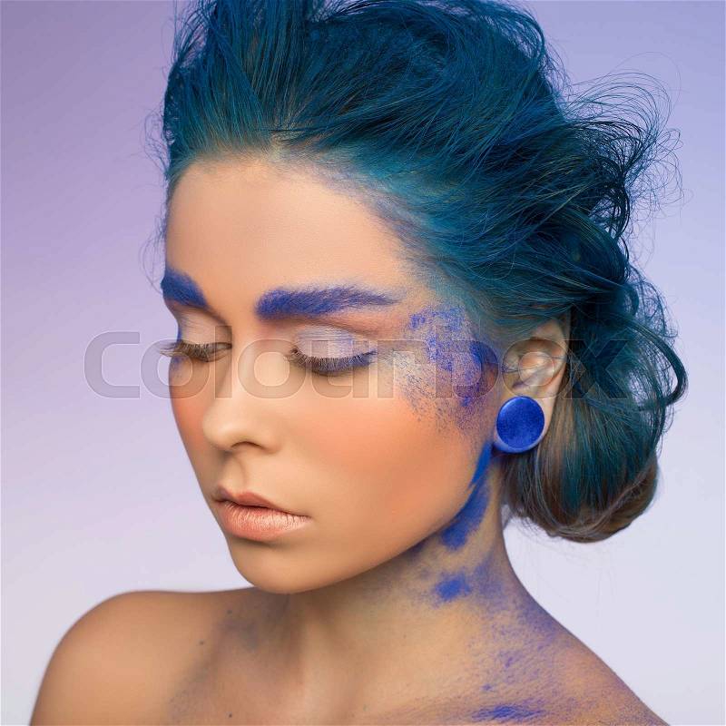 Beautiful fashion woman color face art, stock photo
