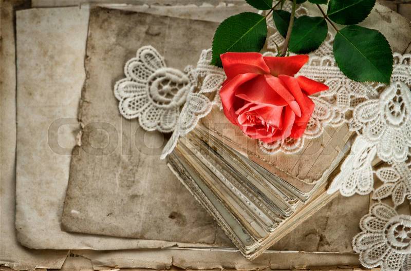 Old love letters, red rose flower and vintage lace, stock photo