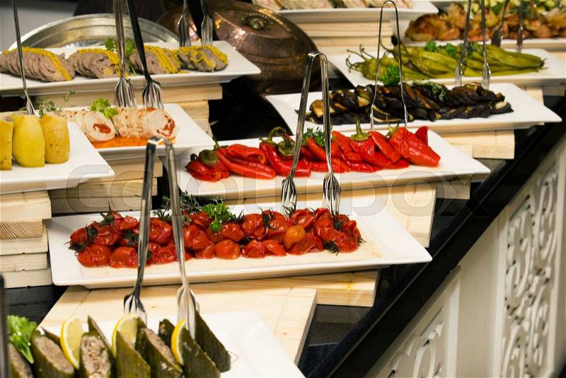 Buffet line in the hotel restaurant, stock photo