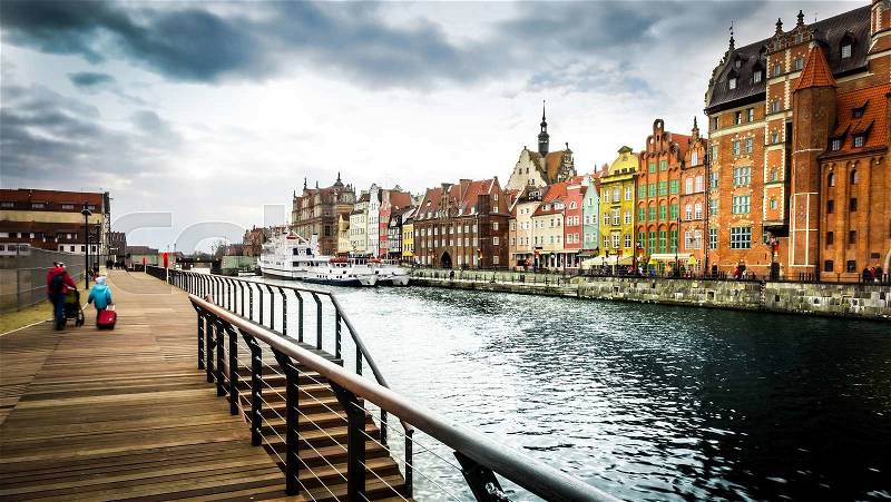 Cityscape on the Vistula River in historic city of Gdansk in Poland, stock photo