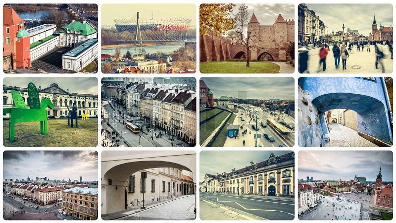 Collage of Warsaw attractions and architecture details, stock photo