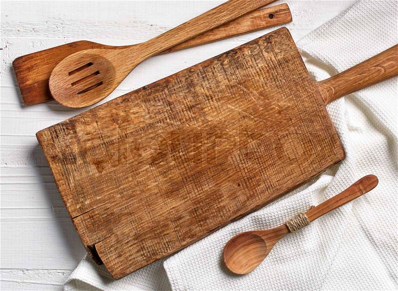Cooking background with old cutting board, top view, stock photo