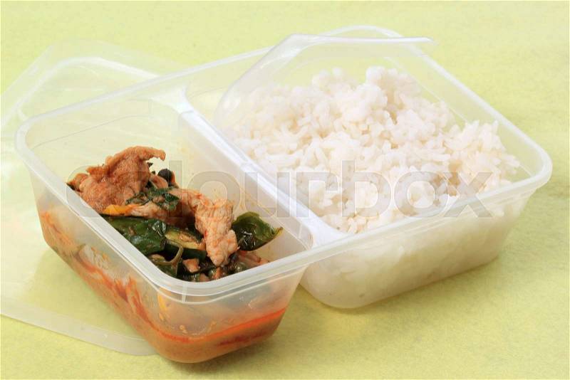 Chicken panang curry with rice in the box for take away, stock photo