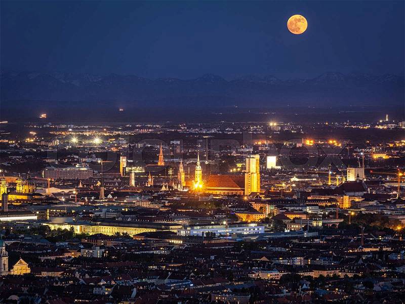 Night aerial view of Munich from Olympiaturm (Olympic Tower). Munich, Bavaria, Germany, stock photo