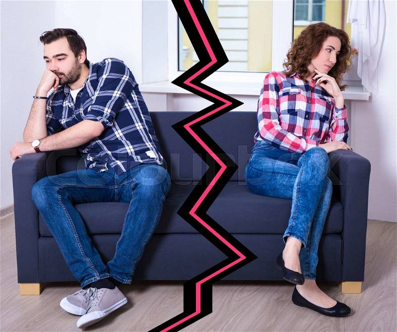 Relationship and divorce concept - unhappy couple after quarrel at home, stock photo