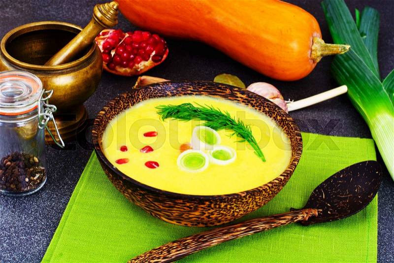 Diet and Healthy Organic Food: Pumpkin Soup with Leek. Studio Photo, stock photo
