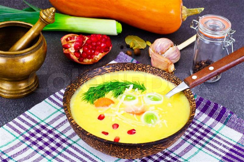 Diet and Healthy Organic Food: Pumpkin Soup with Leek. Studio Photo, stock photo