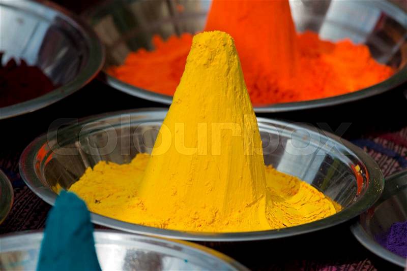 Colour powder in Orchha, India, stock photo
